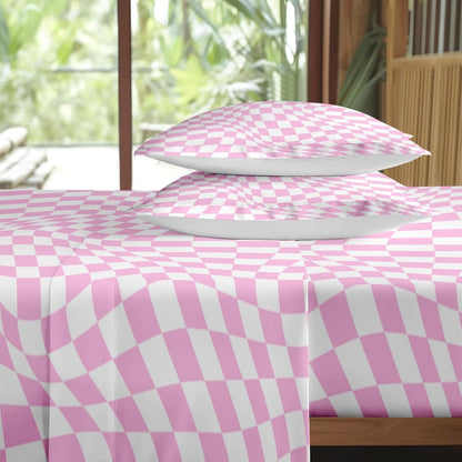 Twin Bed Sheet Set, 3 Pieces Pink Checkerboard Bedding with Flat