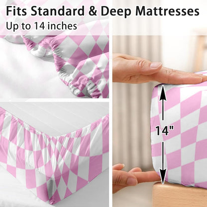 Twin Bed Sheet Set, 3 Pieces Pink Checkerboard Bedding with Flat