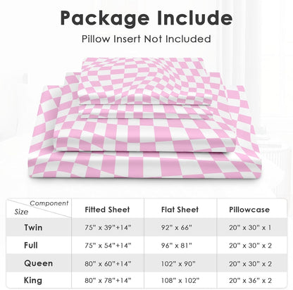 Twin Bed Sheet Set, 3 Pieces Pink Checkerboard Bedding with Flat