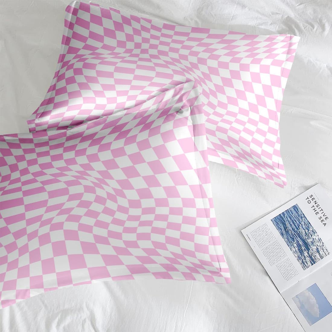 Twin Bed Sheet Set, 3 Pieces Pink Checkerboard Bedding with Flat