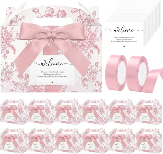 Jaloro 24 Set Pink Floral Wedding Welcome Box with Ribbon and Label 9x6x6'' Large Gable Boxes Paper Goodie Boxes Welcome Favor Kit for Wedding Bridesmaid Gift Bridal Baby Shower Birthday Party