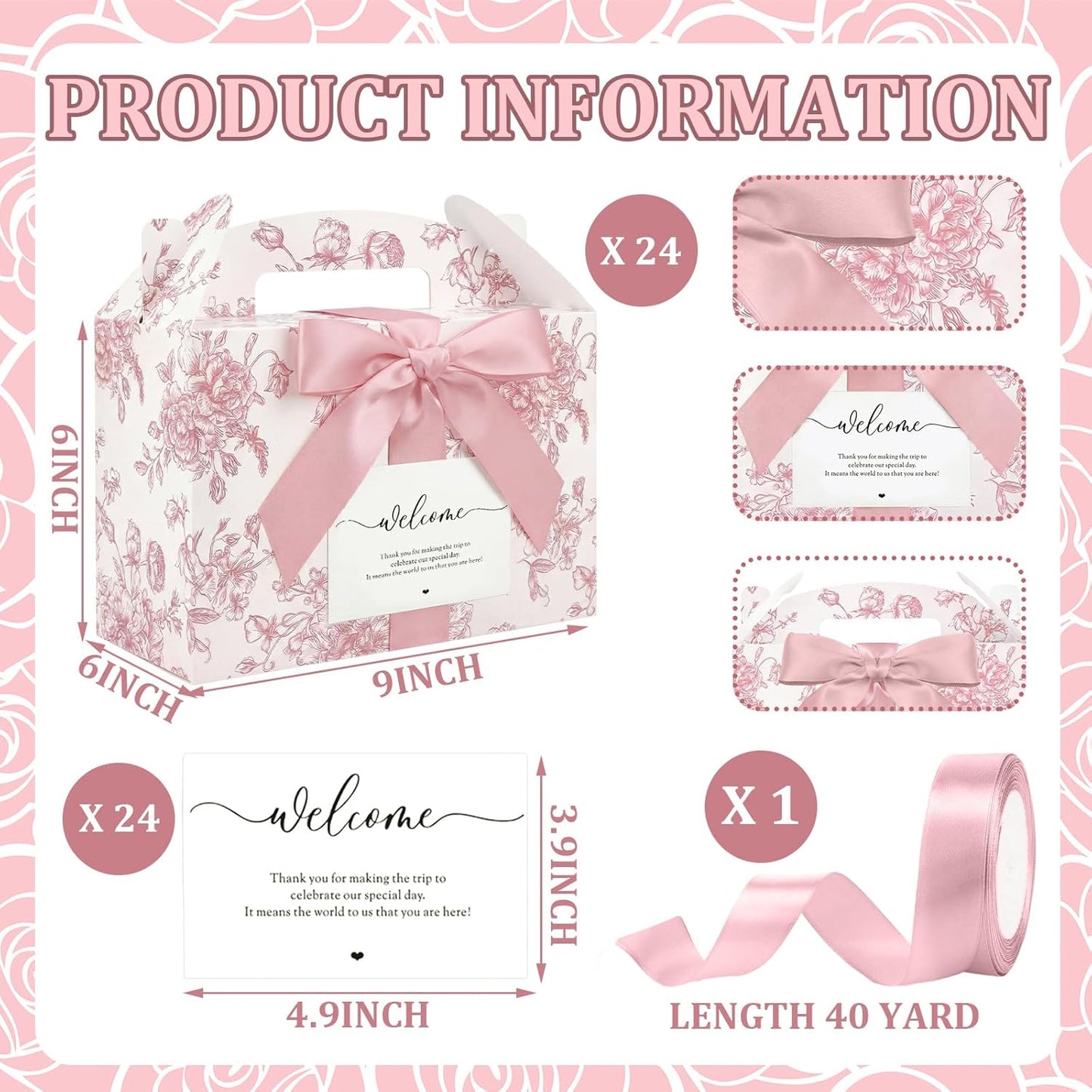 Jaloro 24 Set Pink Floral Wedding Welcome Box with Ribbon and Label 9x6x6'' Large Gable Boxes Paper Goodie Boxes Welcome Favor Kit for Wedding Bridesmaid Gift Bridal Baby Shower Birthday Party