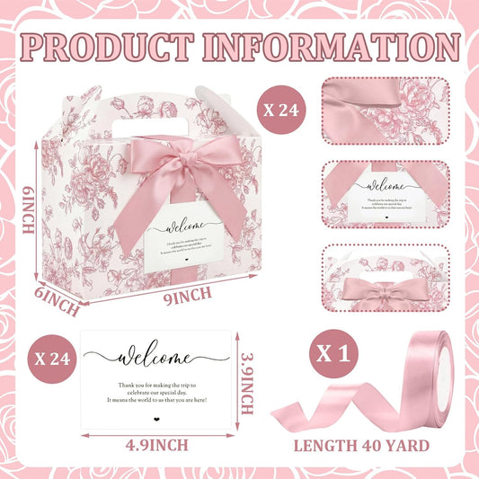 Jaloro 24 Set Pink Floral Wedding Welcome Box with Ribbon and Label 9x6x6'' Large Gable Boxes Paper Goodie Boxes Welcome Favor Kit for Wedding Bridesmaid Gift Bridal Baby Shower Birthday Party