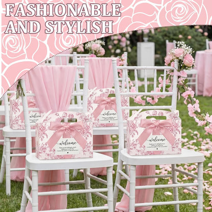 Jaloro 24 Set Pink Floral Wedding Welcome Box with Ribbon and Label 9x6x6'' Large Gable Boxes Paper Goodie Boxes Welcome Favor Kit for Wedding Bridesmaid Gift Bridal Baby Shower Birthday Party
