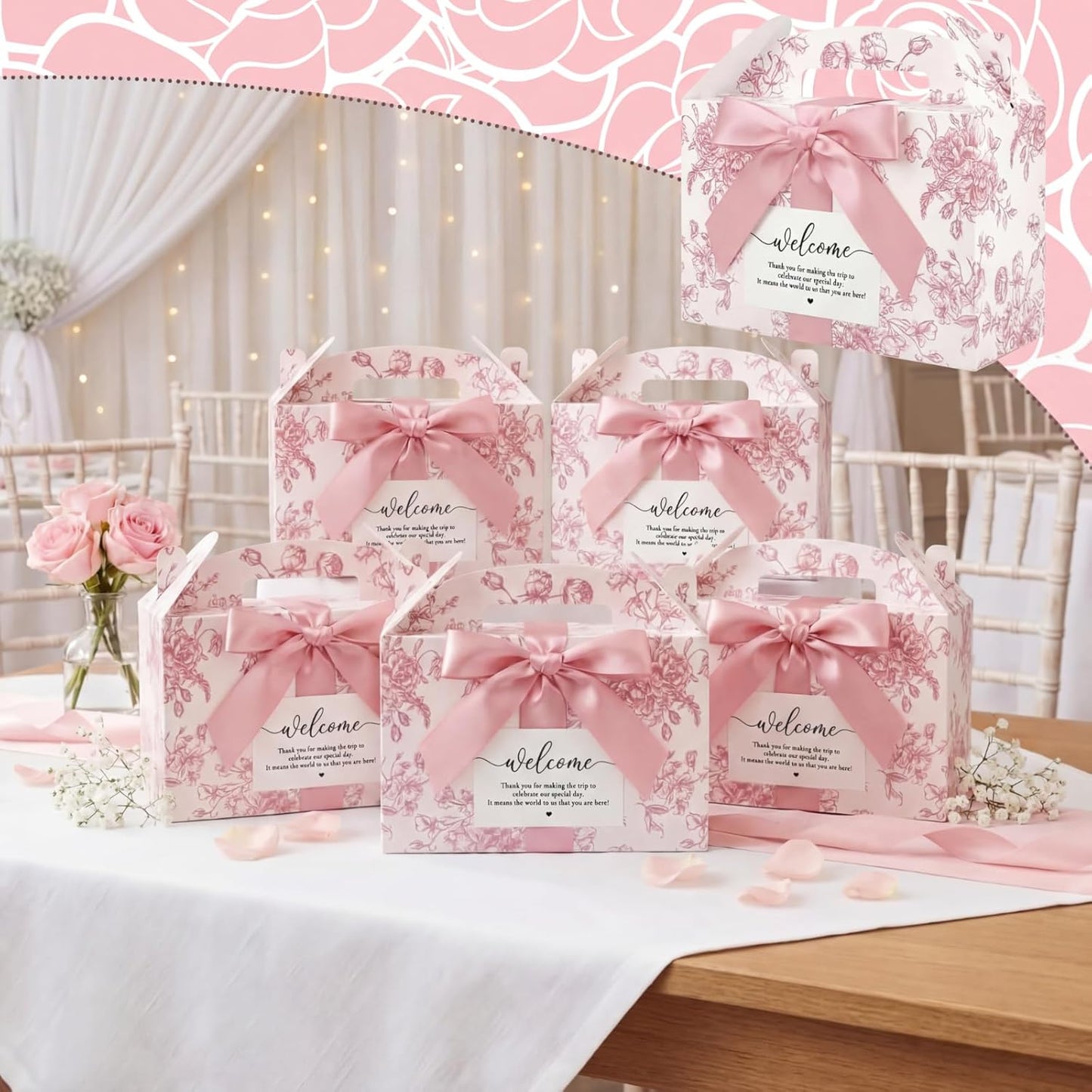 Jaloro 24 Set Pink Floral Wedding Welcome Box with Ribbon and Label 9x6x6'' Large Gable Boxes Paper Goodie Boxes Welcome Favor Kit for Wedding Bridesmaid Gift Bridal Baby Shower Birthday Party