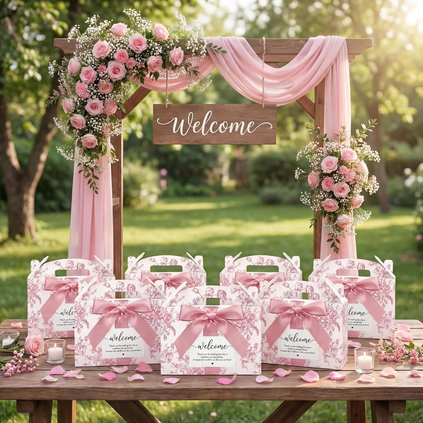 Jaloro 24 Set Pink Floral Wedding Welcome Box with Ribbon and Label 9x6x6'' Large Gable Boxes Paper Goodie Boxes Welcome Favor Kit for Wedding Bridesmaid Gift Bridal Baby Shower Birthday Party