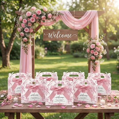 Jaloro 24 Set Pink Floral Wedding Welcome Box with Ribbon and Label 9x6x6'' Large Gable Boxes Paper Goodie Boxes Welcome Favor Kit for Wedding Bridesmaid Gift Bridal Baby Shower Birthday Party