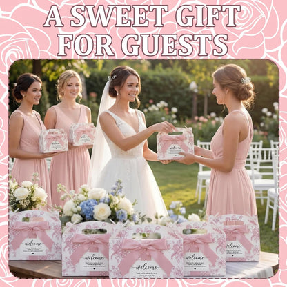 Jaloro 24 Set Pink Floral Wedding Welcome Box with Ribbon and Label 9x6x6'' Large Gable Boxes Paper Goodie Boxes Welcome Favor Kit for Wedding Bridesmaid Gift Bridal Baby Shower Birthday Party