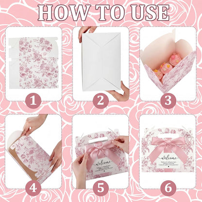 Jaloro 24 Set Pink Floral Wedding Welcome Box with Ribbon and Label 9x6x6'' Large Gable Boxes Paper Goodie Boxes Welcome Favor Kit for Wedding Bridesmaid Gift Bridal Baby Shower Birthday Party