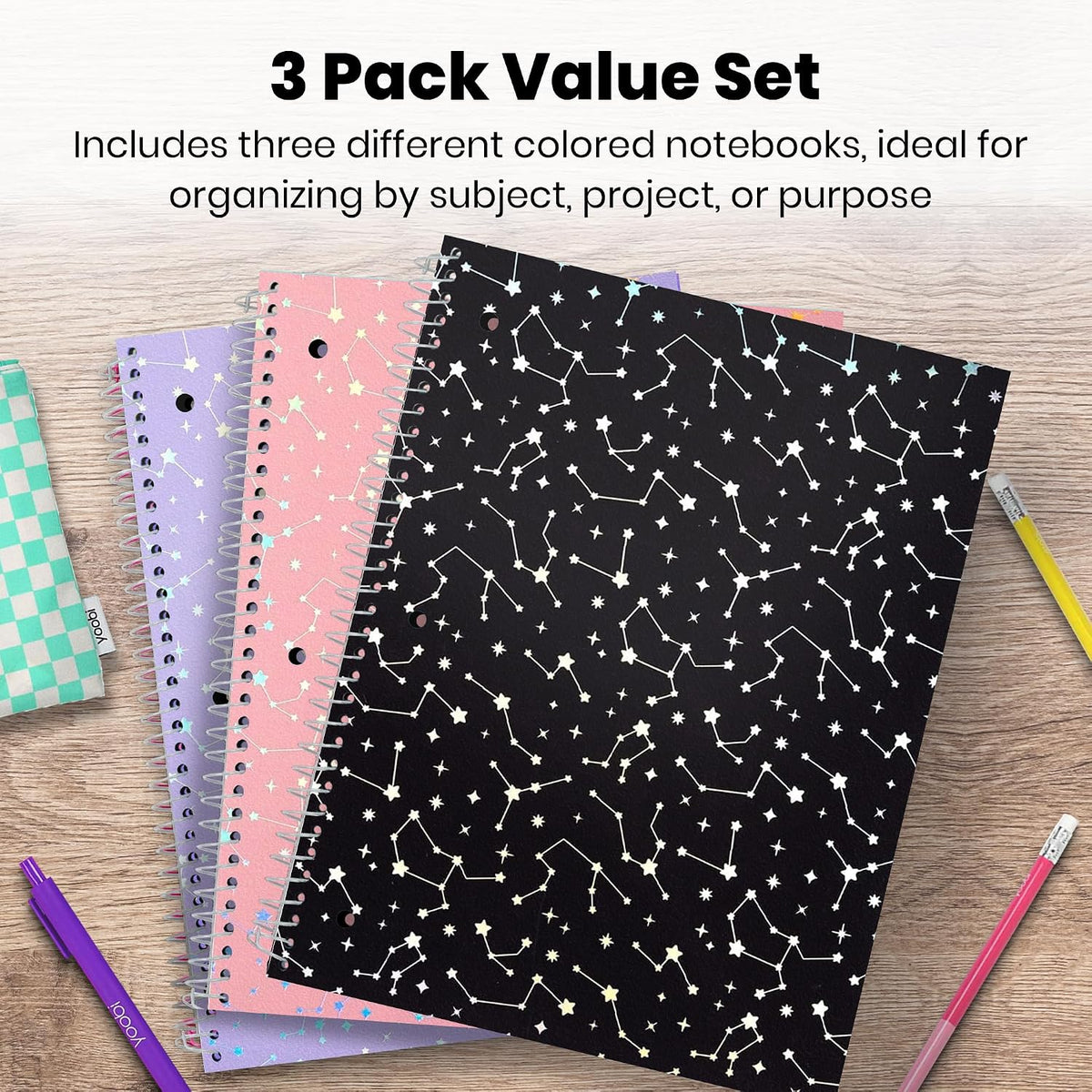 College Ruled Spiral Notebooks, 3-Pack, Celestial, 150 Sheets