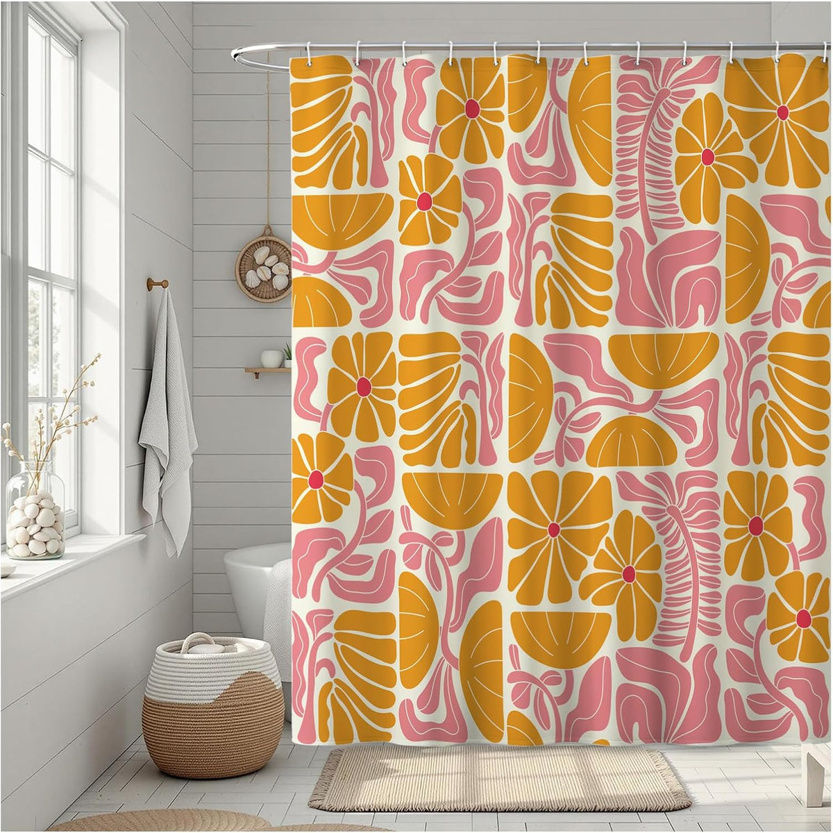 Abstract Geometric Floral Shower Curtain, Cute Orange and Pink Boho Floral Pattern, Waterproof Polyester Fabric Shower Curtains Sets with Hooks for Bathroom 72x72 Inches