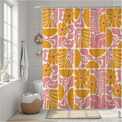 Abstract Geometric Floral Shower Curtain, Cute Orange and Pink Boho Floral Pattern, Waterproof Polyester Fabric Shower Curtains Sets with Hooks for Bathroom 72x72 Inches