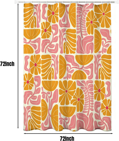 Abstract Geometric Floral Shower Curtain, Cute Orange and Pink Boho Floral Pattern, Waterproof Polyester Fabric Shower Curtains Sets with Hooks for Bathroom 72x72 Inches