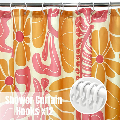 Abstract Geometric Floral Shower Curtain, Cute Orange and Pink Boho Floral Pattern, Waterproof Polyester Fabric Shower Curtains Sets with Hooks for Bathroom 72x72 Inches