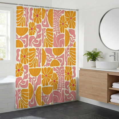 Abstract Geometric Floral Shower Curtain, Cute Orange and Pink Boho Floral Pattern, Waterproof Polyester Fabric Shower Curtains Sets with Hooks for Bathroom 72x72 Inches