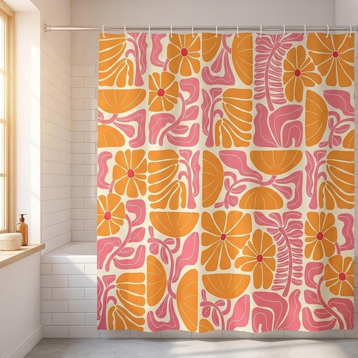 Abstract Geometric Floral Shower Curtain, Cute Orange and Pink Boho Floral Pattern, Waterproof Polyester Fabric Shower Curtains Sets with Hooks for Bathroom 72x72 Inches