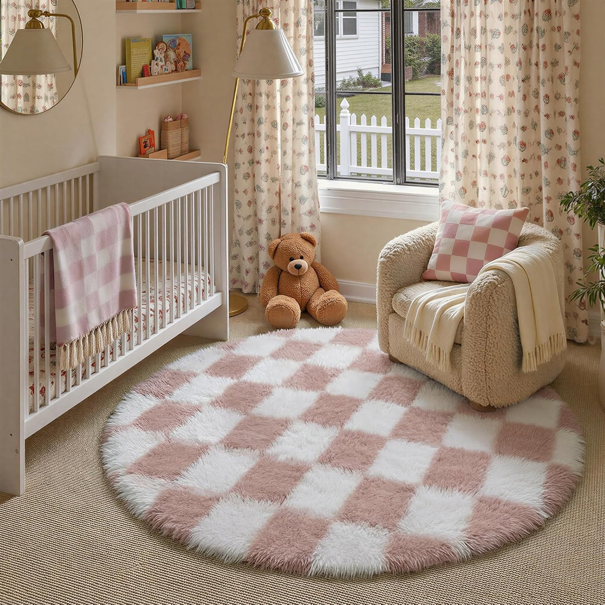 Pink Round Rug 6ft for Bedroom Soft Fluffy Checkered Shag Carpet