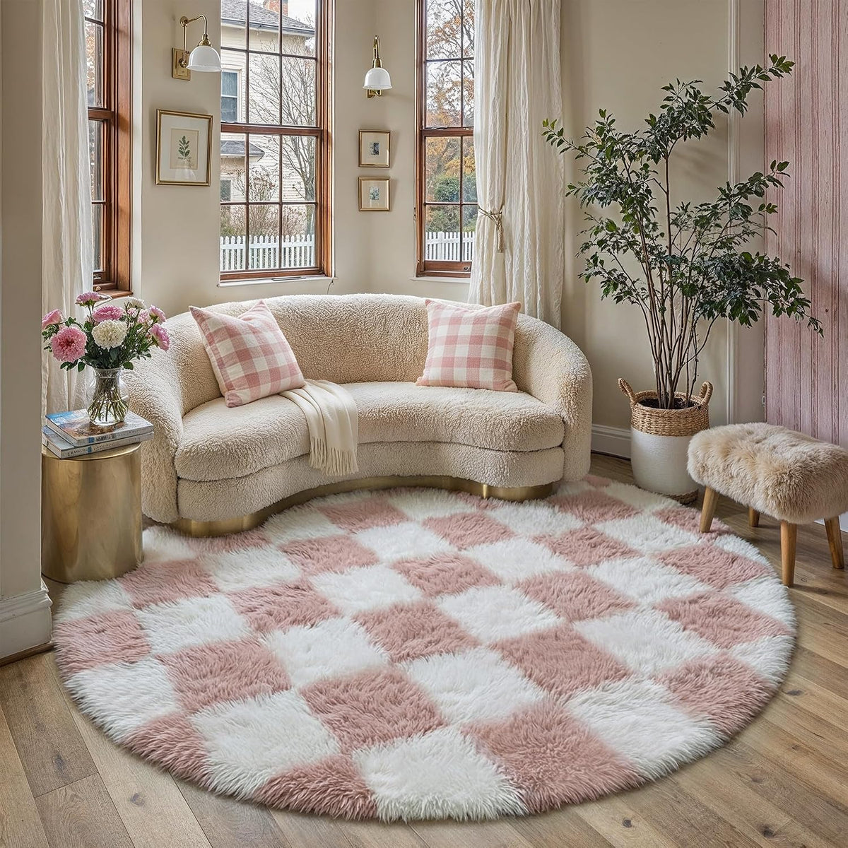 Pink Round Rug 6ft for Bedroom Soft Fluffy Checkered Shag Carpet