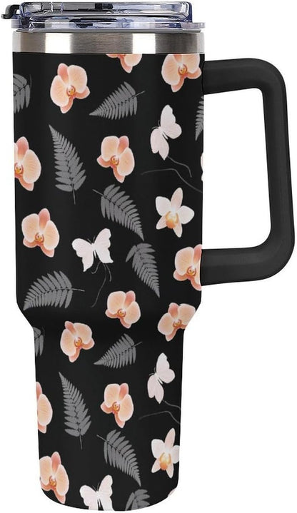 Sweatproof Handled Tumbler Stainless Steel With Handle For Travel Tropical Peach Orchid And Fern Pattern Travel Cup black-style-28