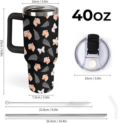Sweatproof Handled Tumbler Stainless Steel With Handle For Travel Tropical Peach Orchid And Fern Pattern Travel Cup black-style-28