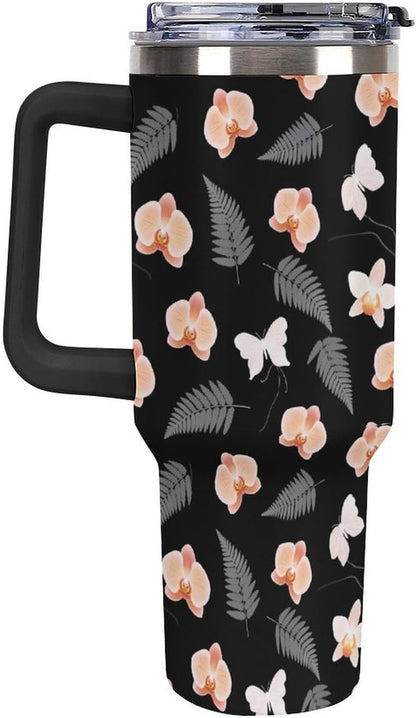 Sweatproof Handled Tumbler Stainless Steel With Handle For Travel Tropical Peach Orchid And Fern Pattern Travel Cup black-style-28