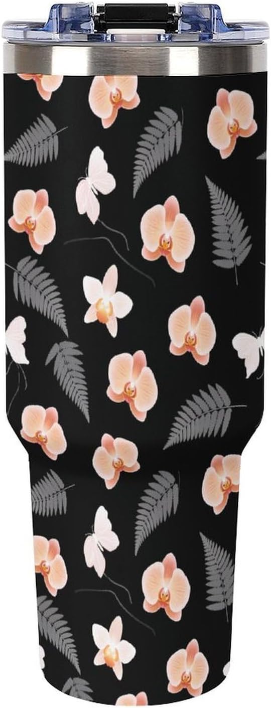 Sweatproof Handled Tumbler Stainless Steel With Handle For Travel Tropical Peach Orchid And Fern Pattern Travel Cup black-style-28