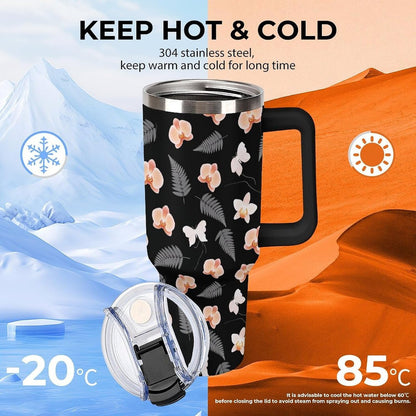 Sweatproof Handled Tumbler Stainless Steel With Handle For Travel Tropical Peach Orchid And Fern Pattern Travel Cup black-style-28