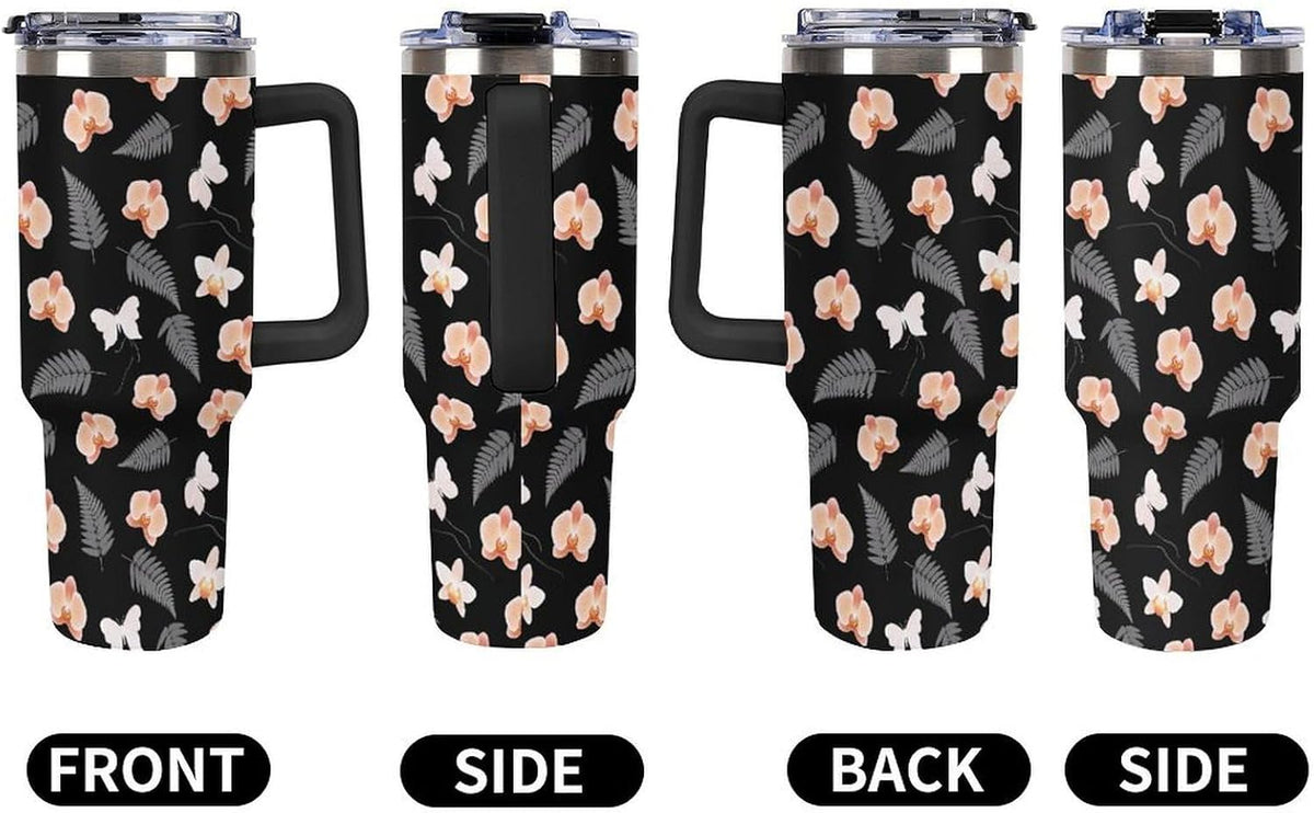 Sweatproof Handled Tumbler Stainless Steel With Handle For Travel Tropical Peach Orchid And Fern Pattern Travel Cup black-style-28