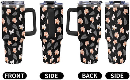 Sweatproof Handled Tumbler Stainless Steel With Handle For Travel Tropical Peach Orchid And Fern Pattern Travel Cup black-style-28
