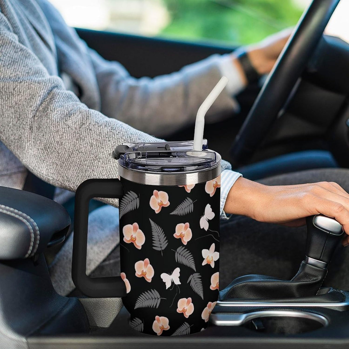 Sweatproof Handled Tumbler Stainless Steel With Handle For Travel Tropical Peach Orchid And Fern Pattern Travel Cup black-style-28