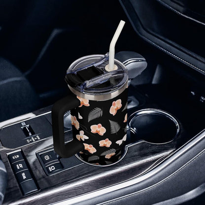 Sweatproof Handled Tumbler Stainless Steel With Handle For Travel Tropical Peach Orchid And Fern Pattern Travel Cup black-style-28