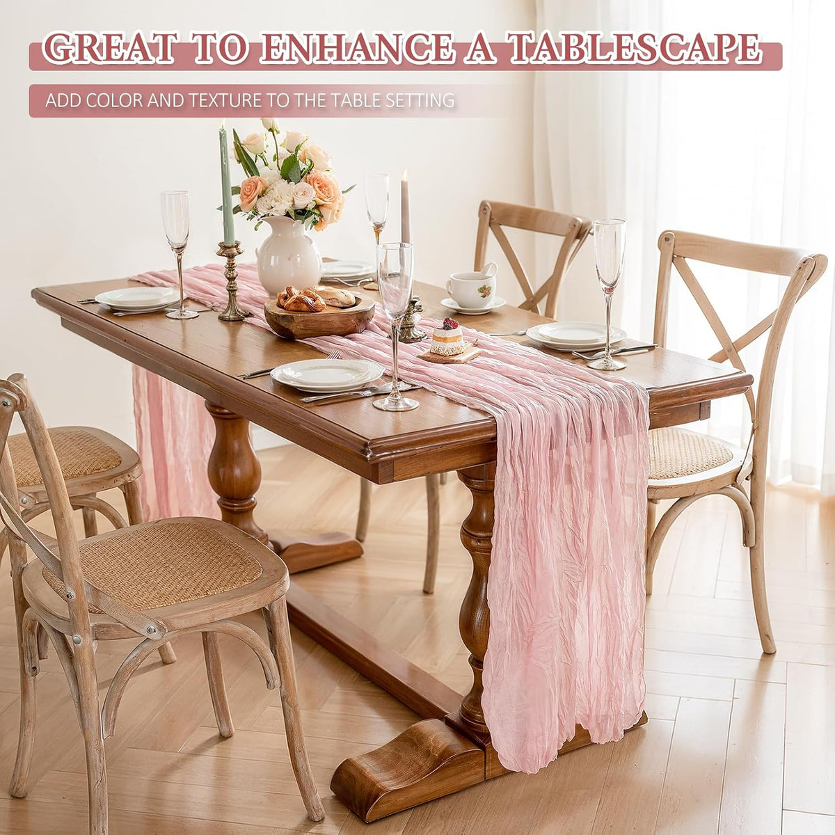 Cheesecloth Table Runner, 10 Ft, Boho Rustic, Dusty Pink, 1 Pcs