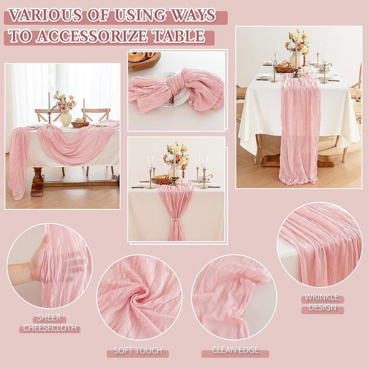 Cheesecloth Table Runner, 10 Ft, Boho Rustic, Dusty Pink, 1 Pcs