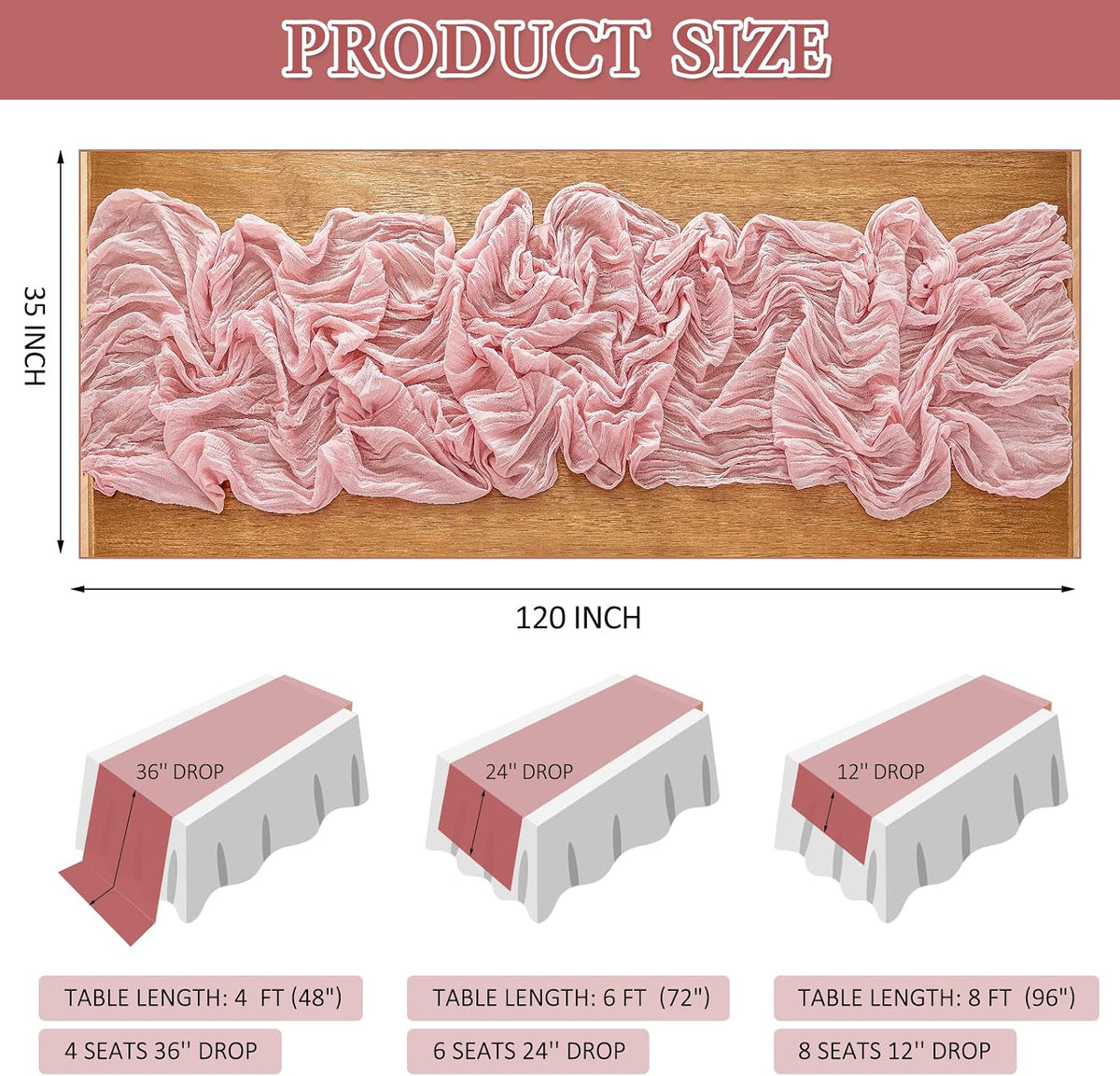 Cheesecloth Table Runner, 10 Ft, Boho Rustic, Dusty Pink, 1 Pcs