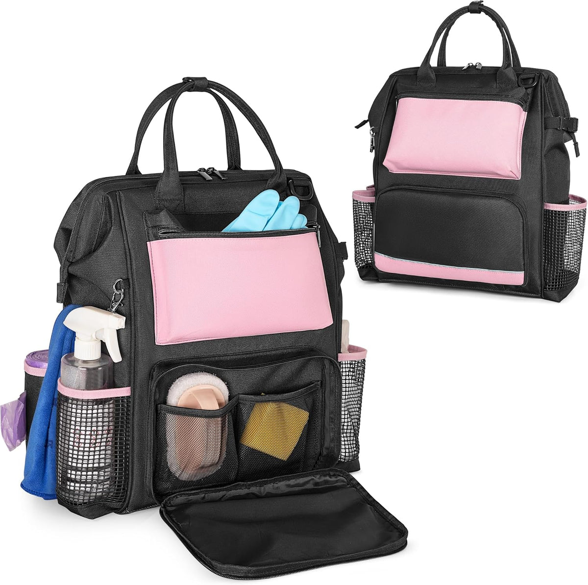 LoDrid Heavy Duty Cleaning Supplies Bag with Steel Frame Top, Pink