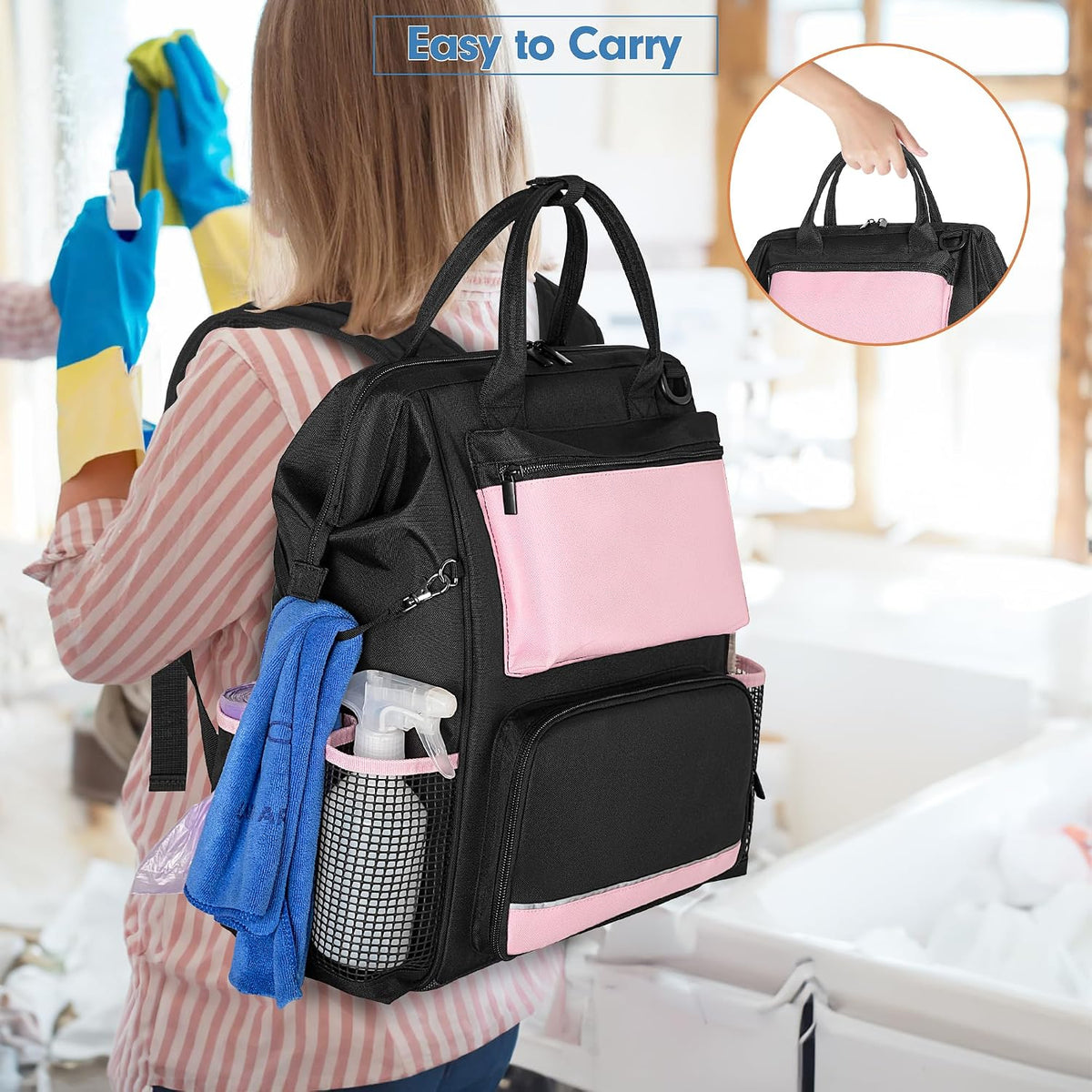 LoDrid Heavy Duty Cleaning Supplies Bag with Steel Frame Top, Pink