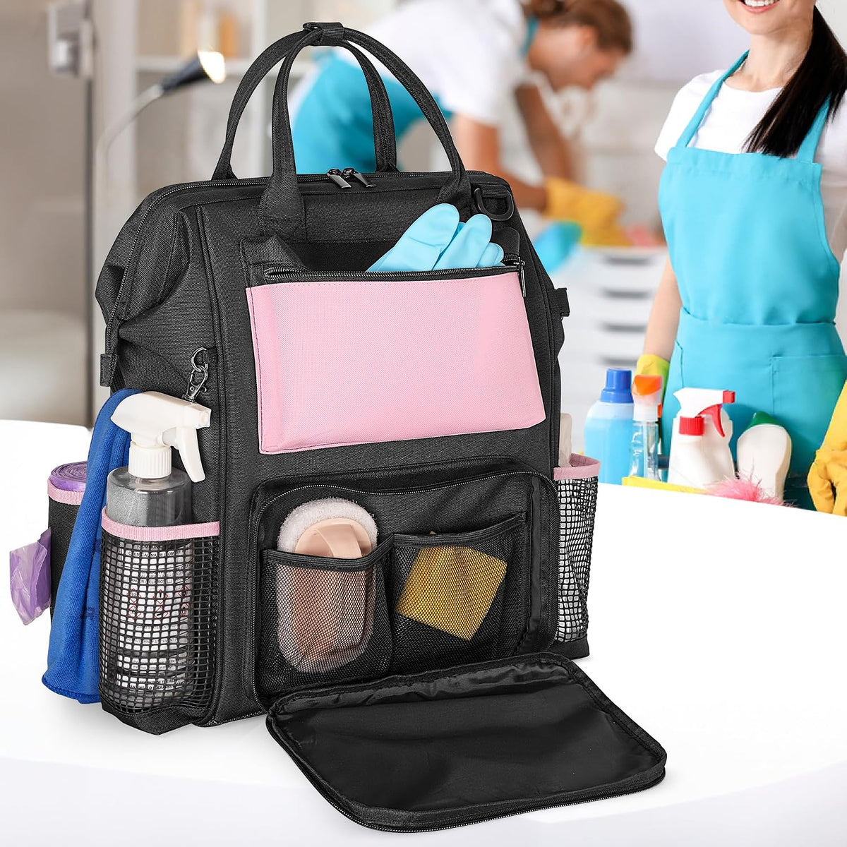 LoDrid Heavy Duty Cleaning Supplies Bag with Steel Frame Top, Pink