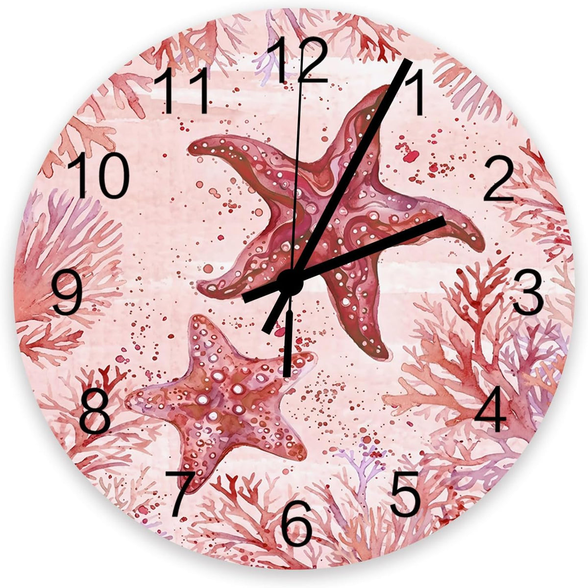 Summer Ocean Coral Wall Clock Silent Non Ticking Romantic Coastal Starfish Plants Red Pink Large Wall Clocks Battery Operated Decor for Home Kitchen Living Room Bathroom Office School Bedroom, 10 Inch