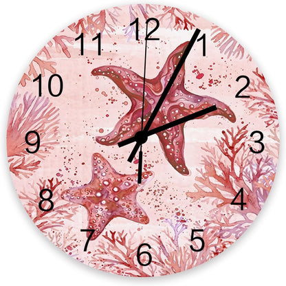 Summer Ocean Coral Wall Clock Silent Non Ticking Romantic Coastal Starfish Plants Red Pink Large Wall Clocks Battery Operated Decor for Home Kitchen Living Room Bathroom Office School Bedroom, 10 Inch