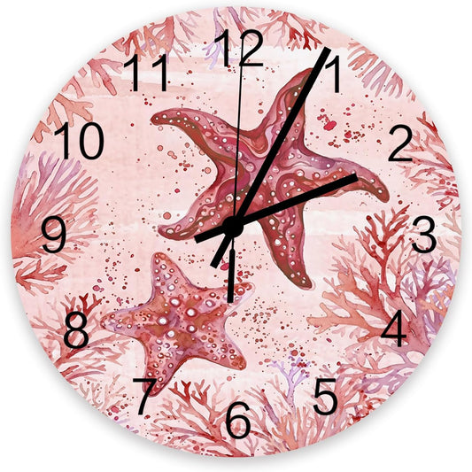 Summer Ocean Coral Wall Clock Silent Non Ticking Romantic Coastal Starfish Plants Red Pink Large Wall Clocks Battery Operated Decor for Home Kitchen Living Room Bathroom Office School Bedroom, 10 Inch