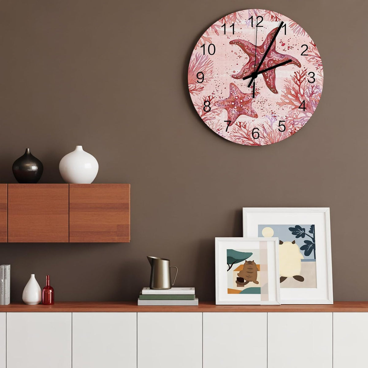 Summer Ocean Coral Wall Clock Silent Non Ticking Romantic Coastal Starfish Plants Red Pink Large Wall Clocks Battery Operated Decor for Home Kitchen Living Room Bathroom Office School Bedroom, 10 Inch