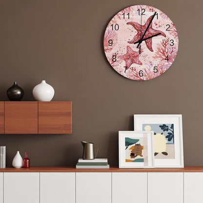 Summer Ocean Coral Wall Clock Silent Non Ticking Romantic Coastal Starfish Plants Red Pink Large Wall Clocks Battery Operated Decor for Home Kitchen Living Room Bathroom Office School Bedroom, 10 Inch