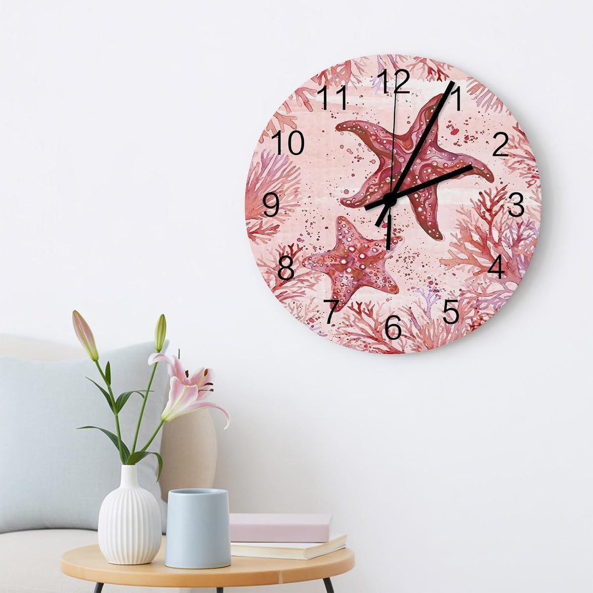 Summer Ocean Coral Wall Clock Silent Non Ticking Romantic Coastal Starfish Plants Red Pink Large Wall Clocks Battery Operated Decor for Home Kitchen Living Room Bathroom Office School Bedroom, 10 Inch