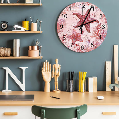 Summer Ocean Coral Wall Clock Silent Non Ticking Romantic Coastal Starfish Plants Red Pink Large Wall Clocks Battery Operated Decor for Home Kitchen Living Room Bathroom Office School Bedroom, 10 Inch