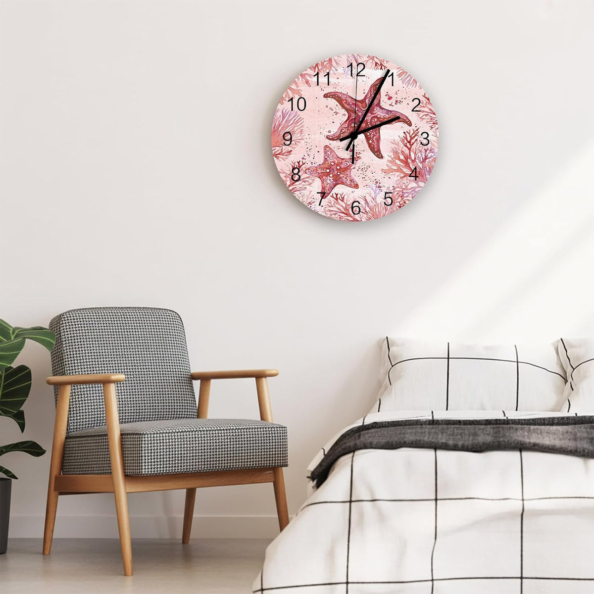 Summer Ocean Coral Wall Clock Silent Non Ticking Romantic Coastal Starfish Plants Red Pink Large Wall Clocks Battery Operated Decor for Home Kitchen Living Room Bathroom Office School Bedroom, 10 Inch