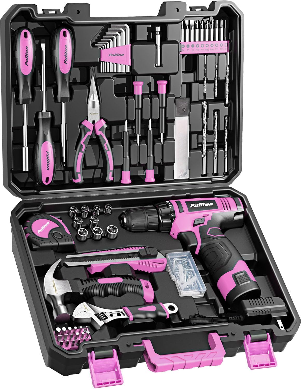 Drill Set, 149-Piece Home Tool Set with 12V Pink Cordless Drill, Tool Box, Hand Tool Kits for Women & Men and DIY Enthusiasts, for Home Improvement