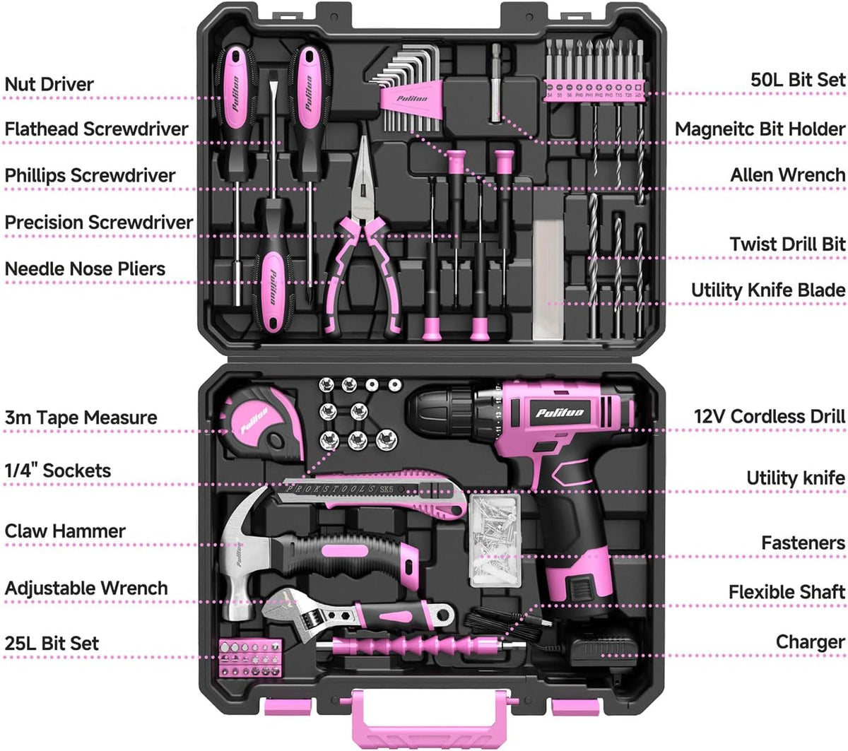 Drill Set, 149-Piece Home Tool Set with 12V Pink Cordless Drill, Tool Box, Hand Tool Kits for Women & Men and DIY Enthusiasts, for Home Improvement
