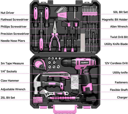 Drill Set, 149-Piece Home Tool Set with 12V Pink Cordless Drill, Tool Box, Hand Tool Kits for Women & Men and DIY Enthusiasts, for Home Improvement
