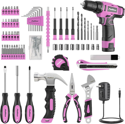 Drill Set, 149-Piece Home Tool Set with 12V Pink Cordless Drill, Tool Box, Hand Tool Kits for Women & Men and DIY Enthusiasts, for Home Improvement