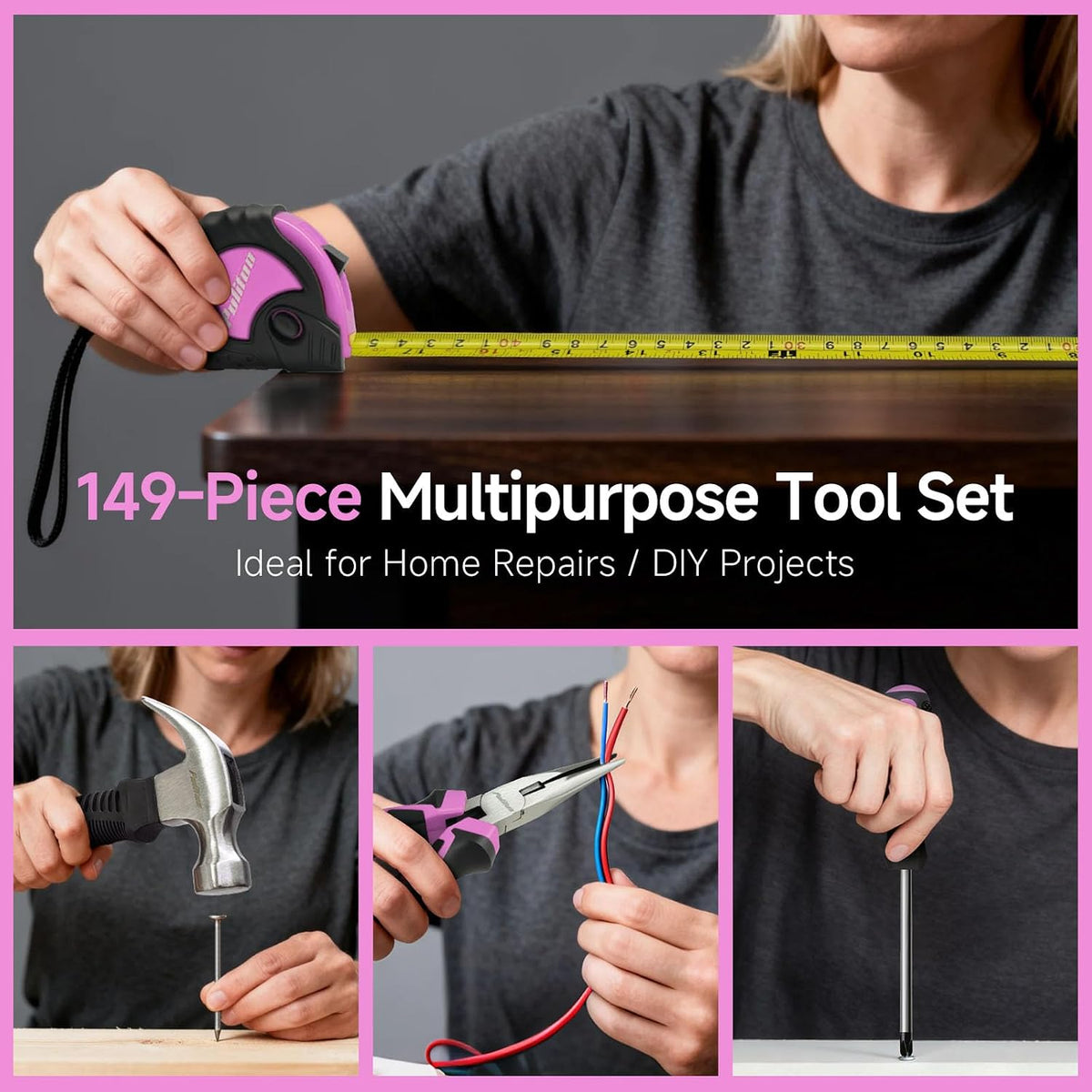Drill Set, 149-Piece Home Tool Set with 12V Pink Cordless Drill, Tool Box, Hand Tool Kits for Women & Men and DIY Enthusiasts, for Home Improvement